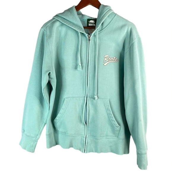 VINTAGE Roots Mint Green Zip Hoodie Chest Graphic Logo Pockets Canada Size L - Picture 11 of 11